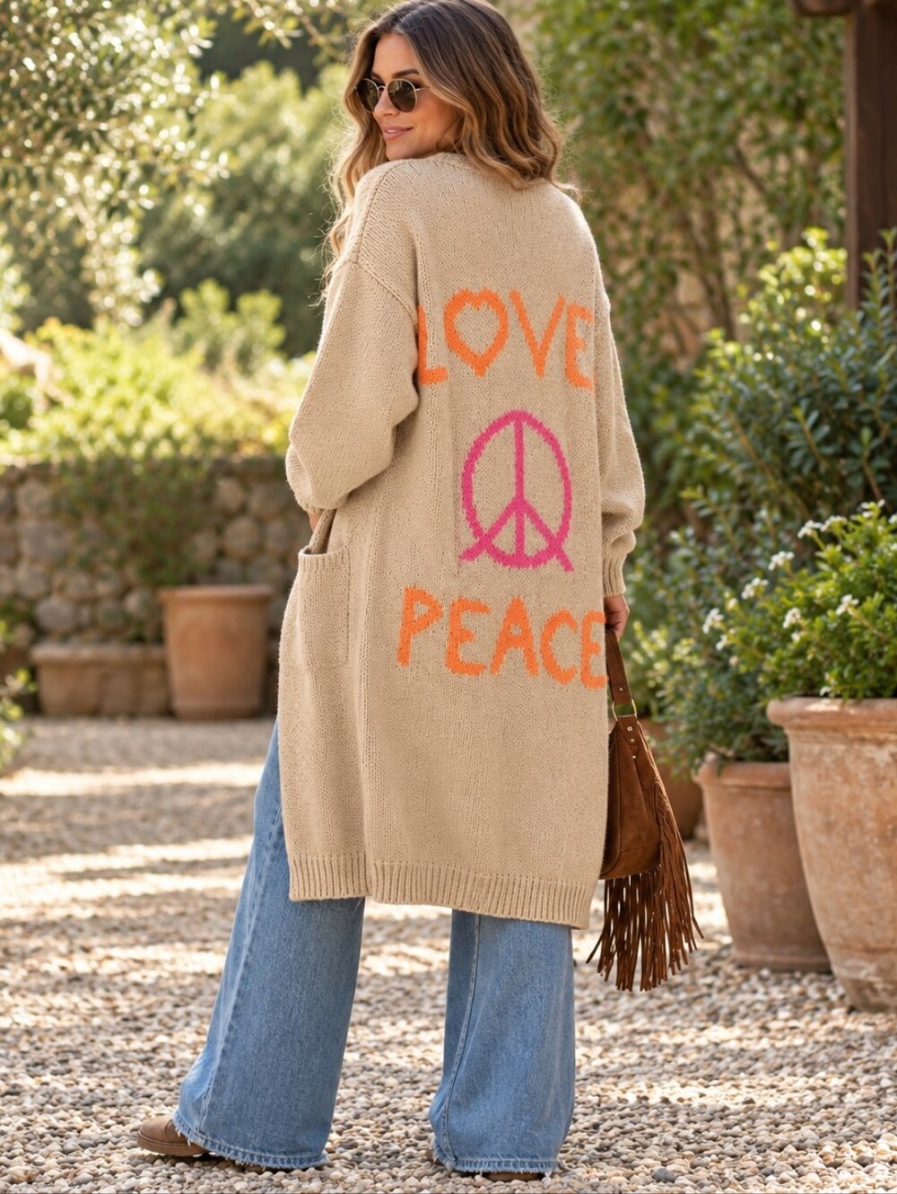 Love Peace Open Front Duster Cardigan Hippie Bohemian Artsy Eclectic Women's L
